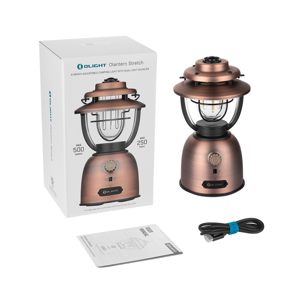Lámpara de camping con altura ajustable Olight Olantern Stretch cobre vintage imagen contenido caja