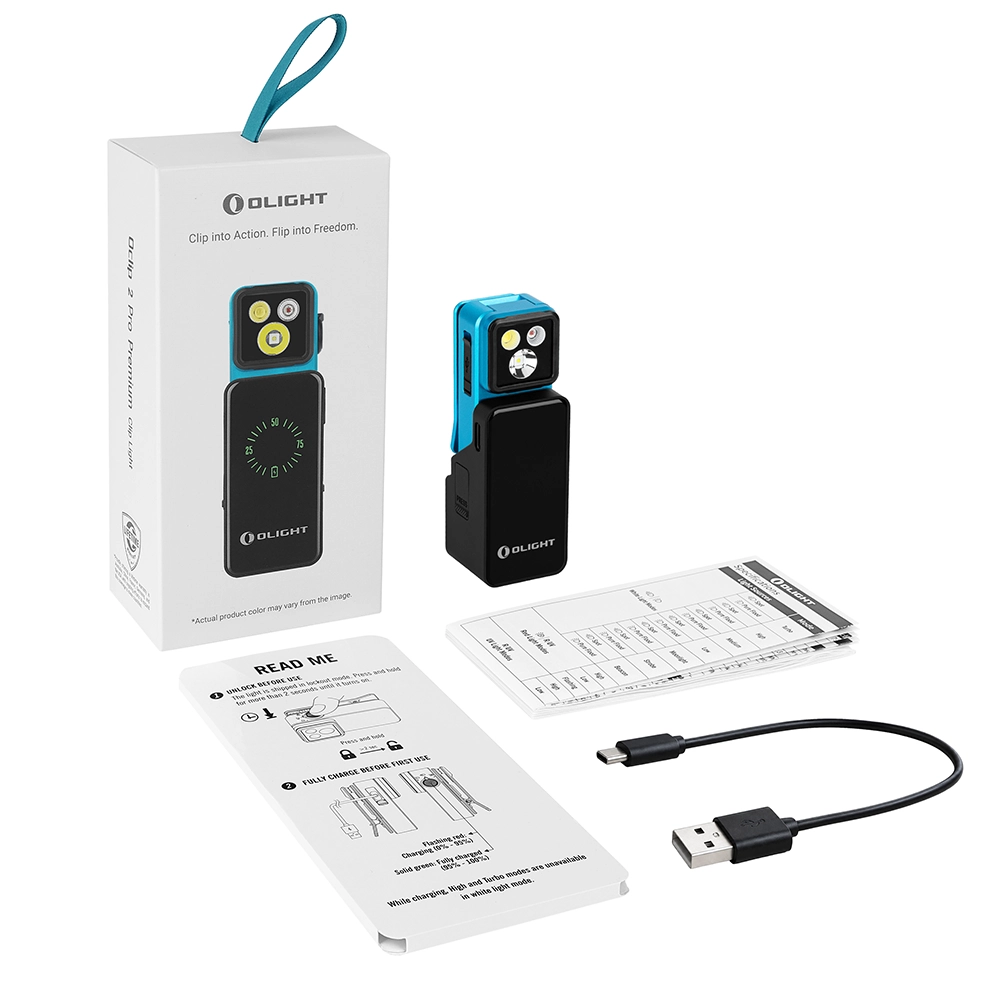 Linterna articulada UV Olight Oclip 2 Pro Premium Azul base imagen contenido caja