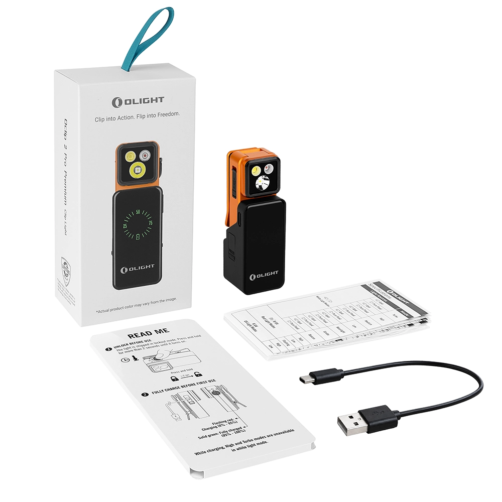 Linterna articulada UV Olight Oclip 2 Pro Premium Naranja base imagen contenido caja